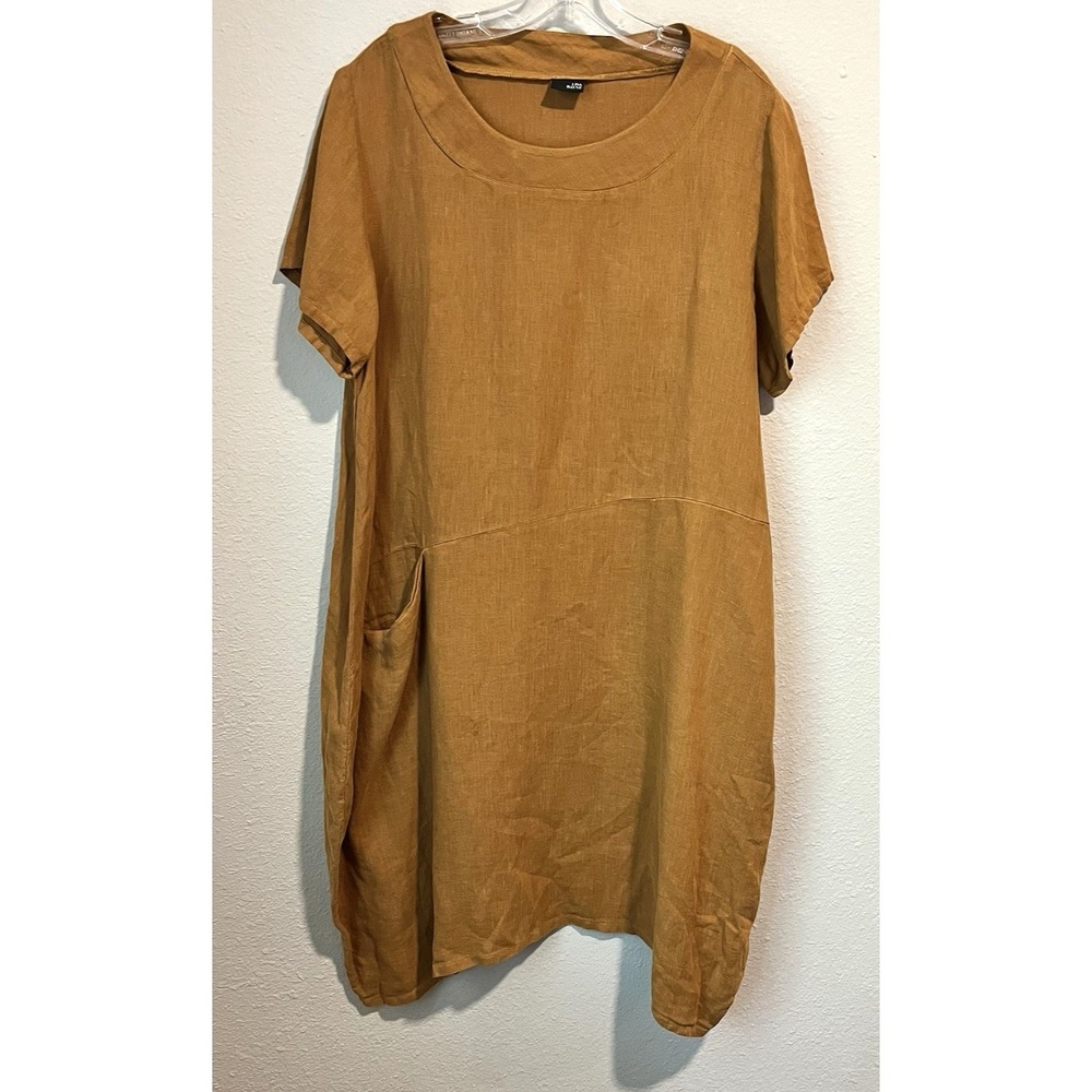 Lisa Bayne Dress Sz M 100% Linen Mustard Yellow Lagenlook Oversize Artsy Minimal